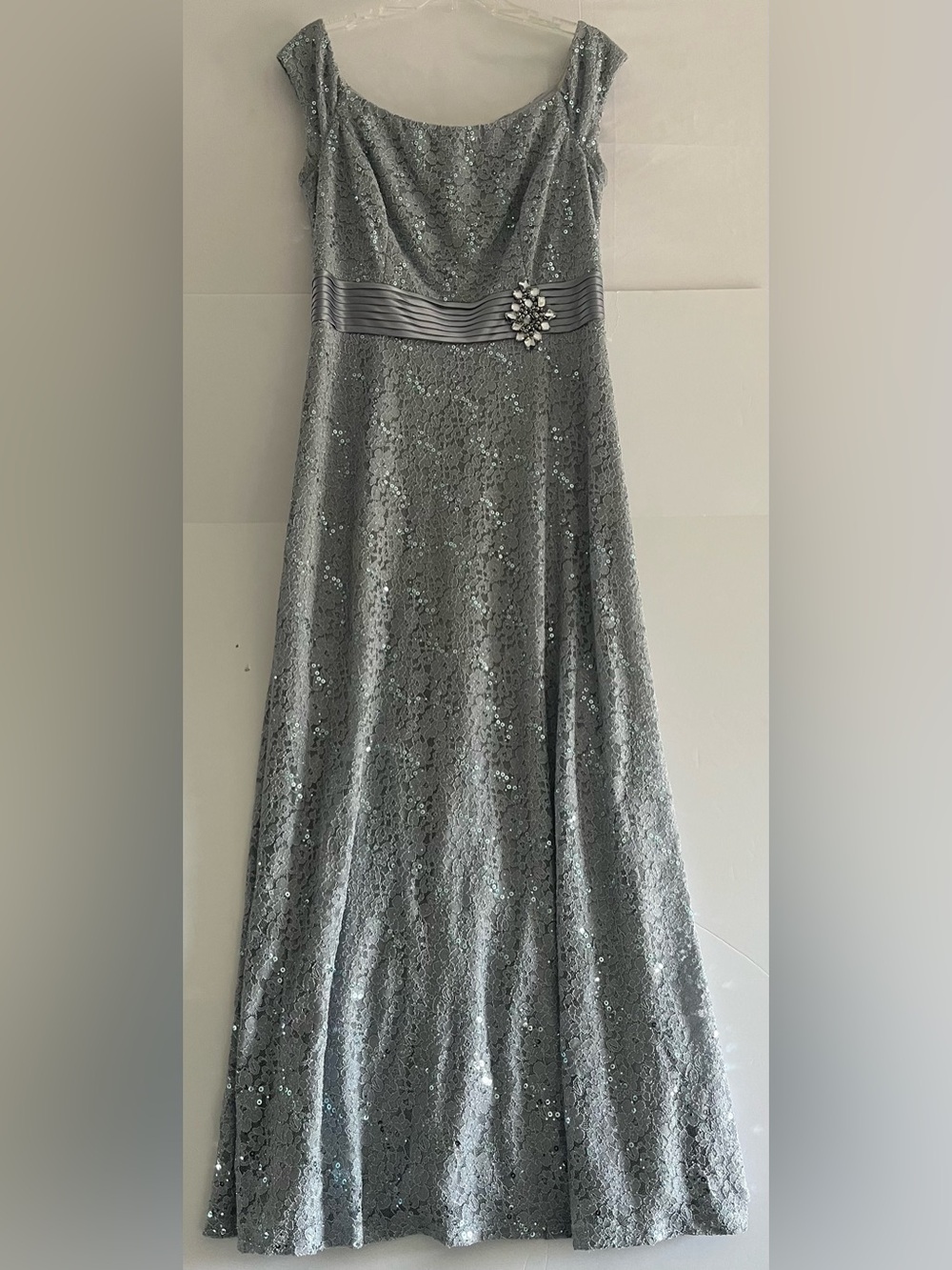 Alex Evenings Icy Blue Silver Sequin Lace Gown Prom Formal 14